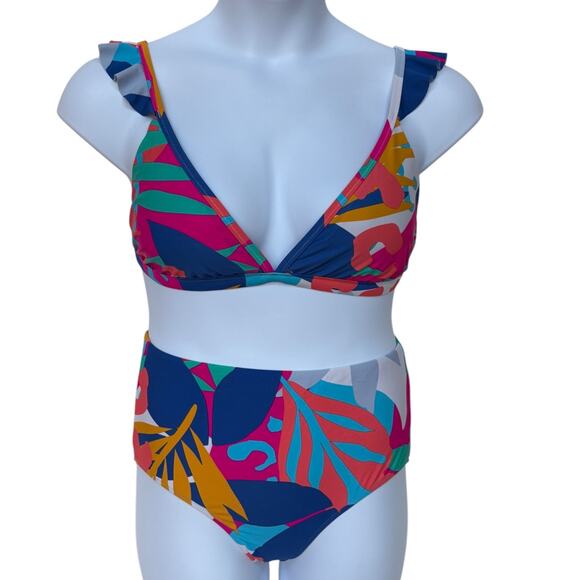 J. Crew Colorful High Waisted Bikini Set with Ruffles NOTE Bottom is L Top is XL - Picture 1 of 9